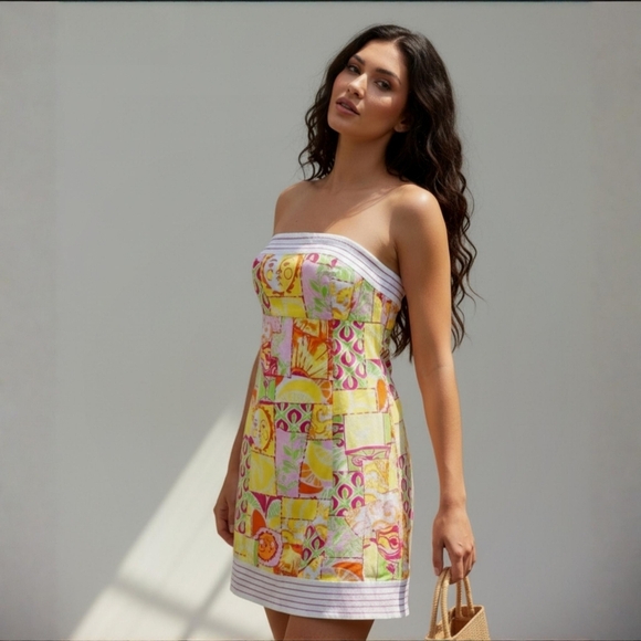 Lilly Pulitzer ✦ Strapless Patchwork Dress ✦ Pink Green Floral Stripe Cotton 2 - Picture 2 of 15
